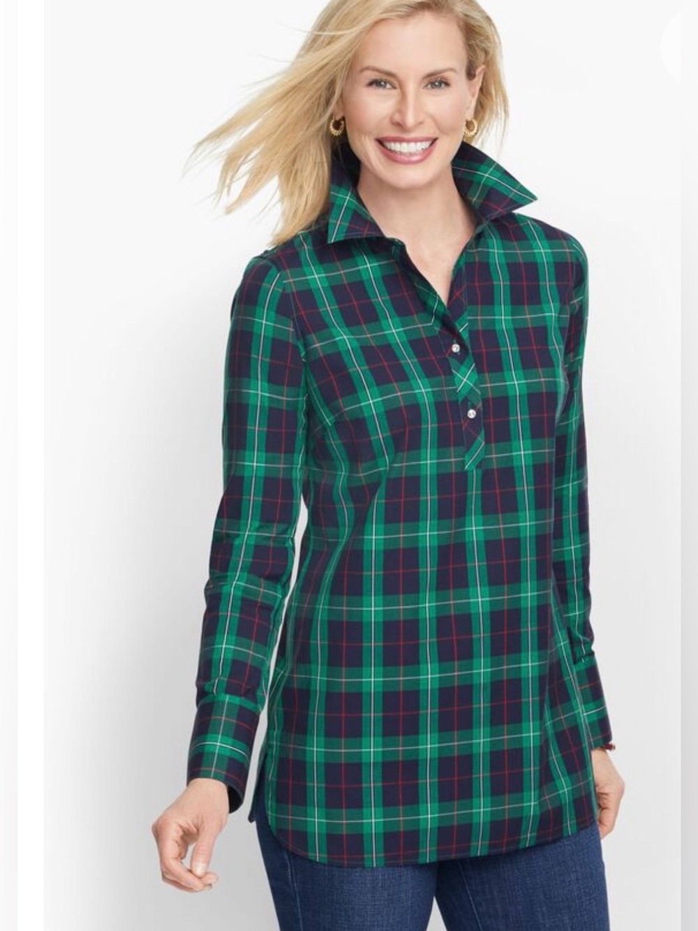 Talbots Petite 4P Green Plaid Tartan Non-Iron Long Sleeve Cotton Shirt Blouse